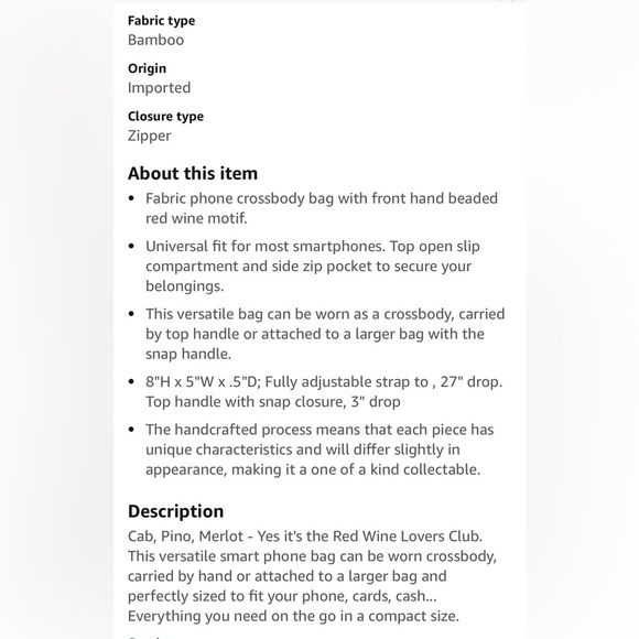 Bamboo Trading Company Red Wine Lovers Club Bag Beaded Phone Crossbody, Merlot - Picture 14 of 14